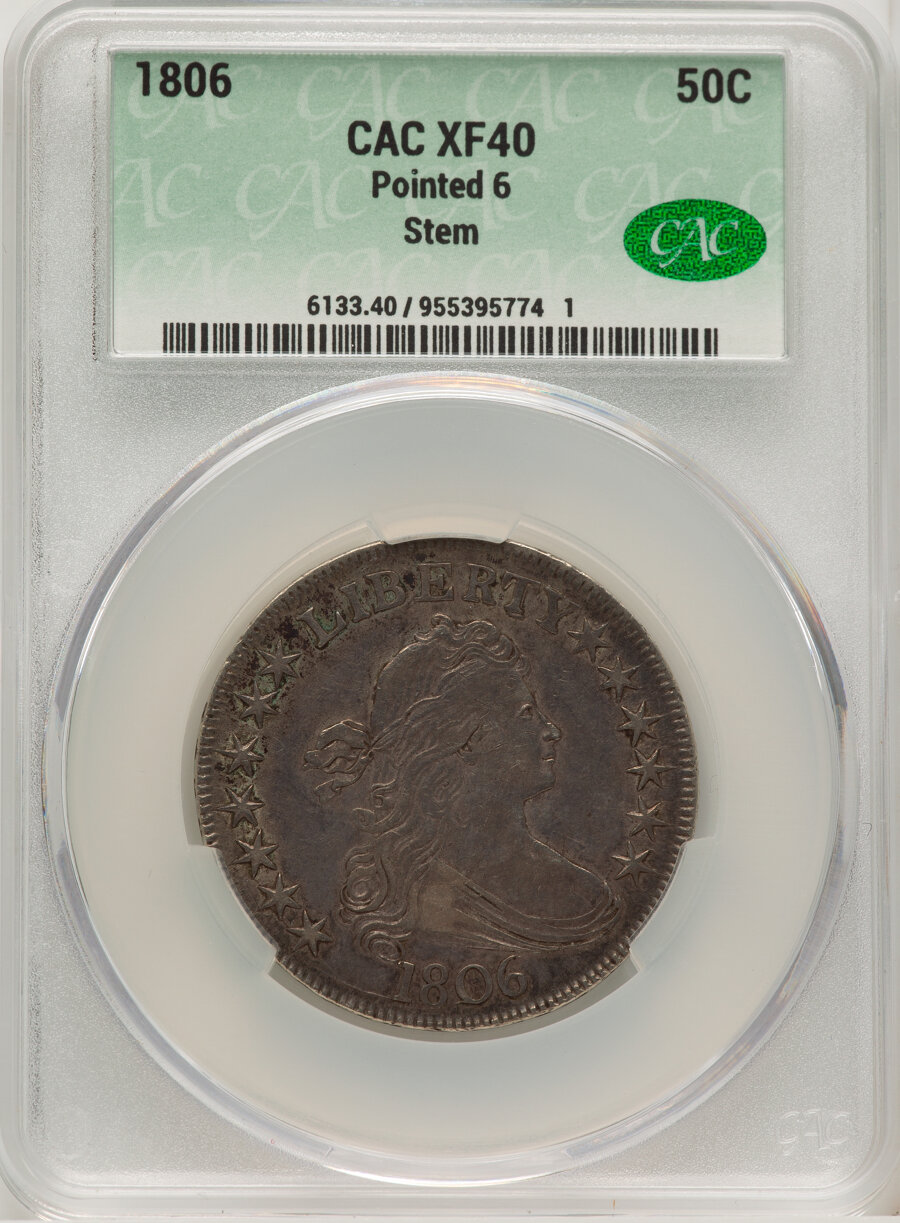 image for: 1806 50C Pointed 6, Stem, O-115a, T-17, R.1, XF40 CACG....