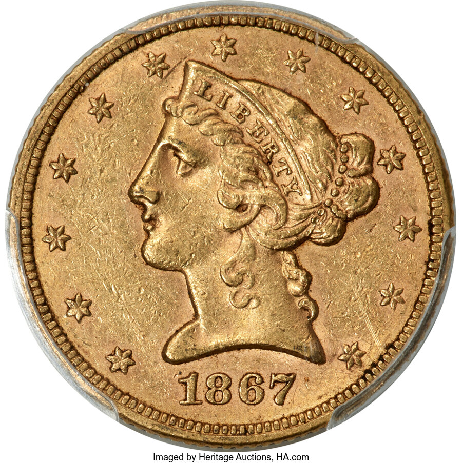 image for: 1867 $5 AU55 PCGS. CAC....