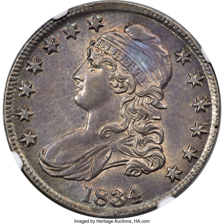 image for: 1834 50C Large Date, Small Letters, O-107, R.1, MS61 NGC....