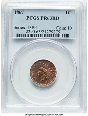 image for: 1867 1C PR63 Red PCGS. PCGS Population: (5/42). Mintage 625. ...