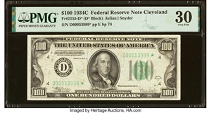 image for: Fr. 2155-D* $100 1934C Federal Reserve Star Note. PMG Very Fine 30....