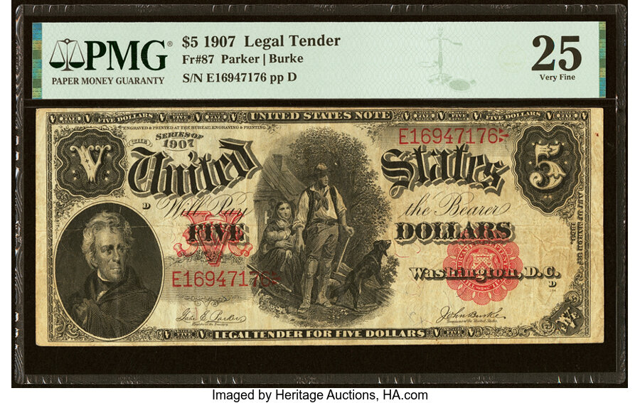 image for: Fr. 87 $5 1907 Legal Tender PMG Very Fine 25....