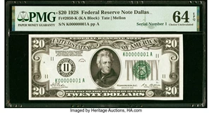 image for: Serial Number 1 Fr. 2050-K $20 1928 Federal Reserve Note. PMG Choice Uncirculated 64 EPQ....