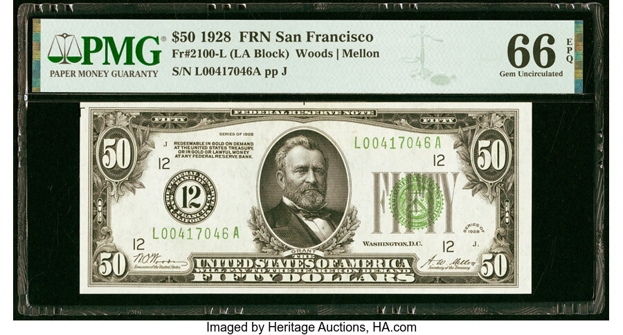 image for: Fr. 2100-L $50 1928 Federal Reserve Note. PMG Gem Uncirculated 66 EPQ....