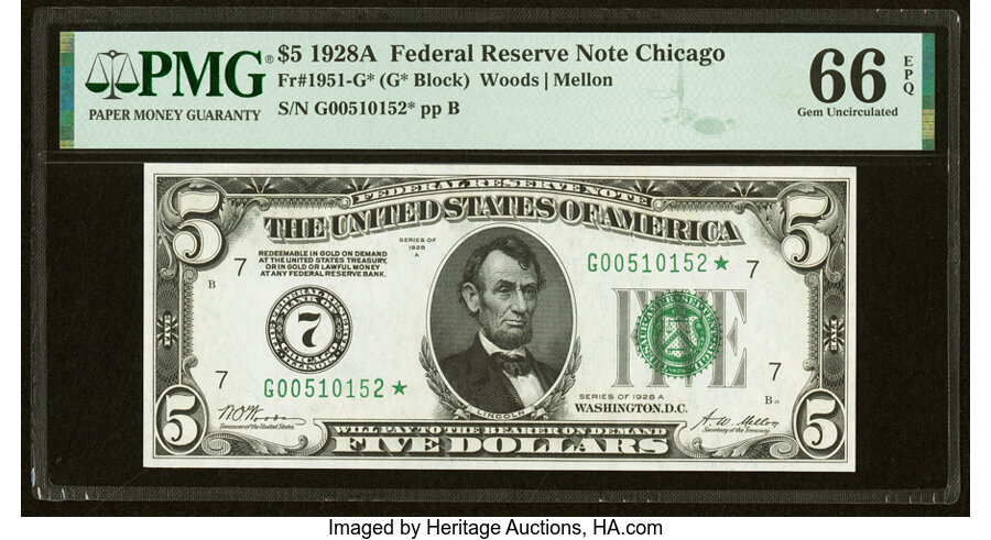 image for: Fr. 1951-G* $5 1928A Federal Reserve Star Note. PMG Gem Uncirculated 66 EPQ....