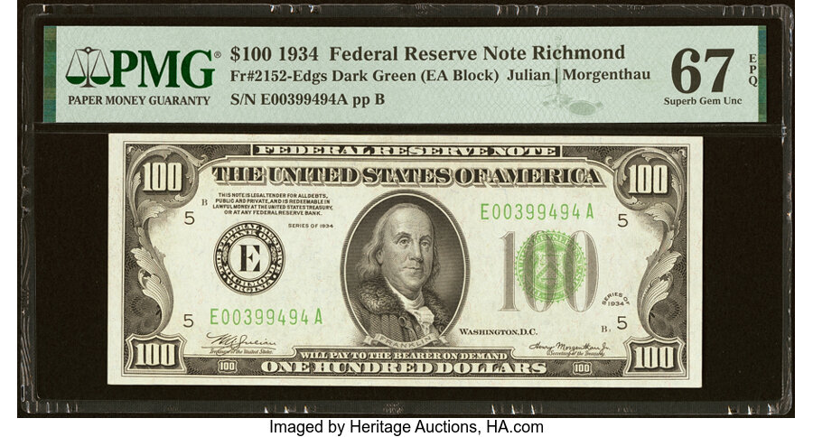 image for: Fr. 2152-E $100 1934 Federal Reserve Note. PMG Superb Gem Unc 67 EPQ....
