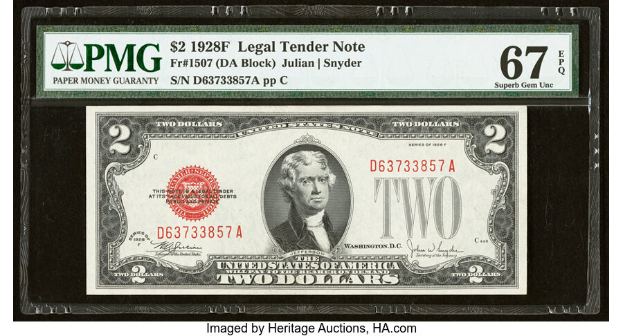image for: Fr. 1507 $2 1928F Legal Tender Note. PMG Superb Gem Unc 67 EPQ....