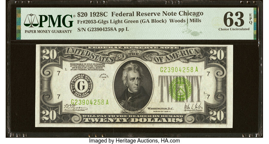 image for: Fr. 2053-G $20 1928C Light Green Seal Federal Reserve Note. PMG Choice Uncirculated 63 EPQ....
