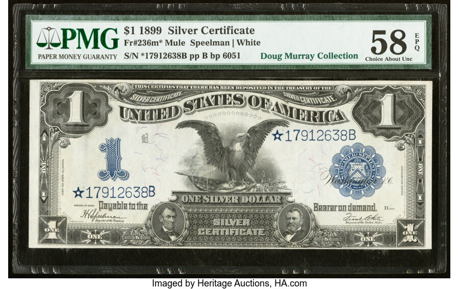 image for: Fr. 236* $1 1899 Mule Silver Certificate Star PMG Choice About Unc 58 EPQ....