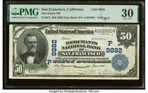image for: San Francisco, CA - $50 1902 Date Back Fr. 671 Merchants National Bank Ch. # (P)9882 PMG Very Fine 30....