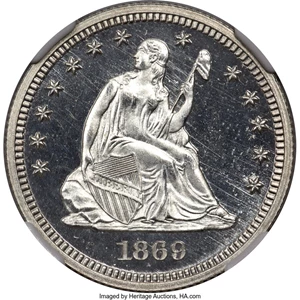 image for: 1869 25C PR65 Cameo NGC. Briggs 2-B....