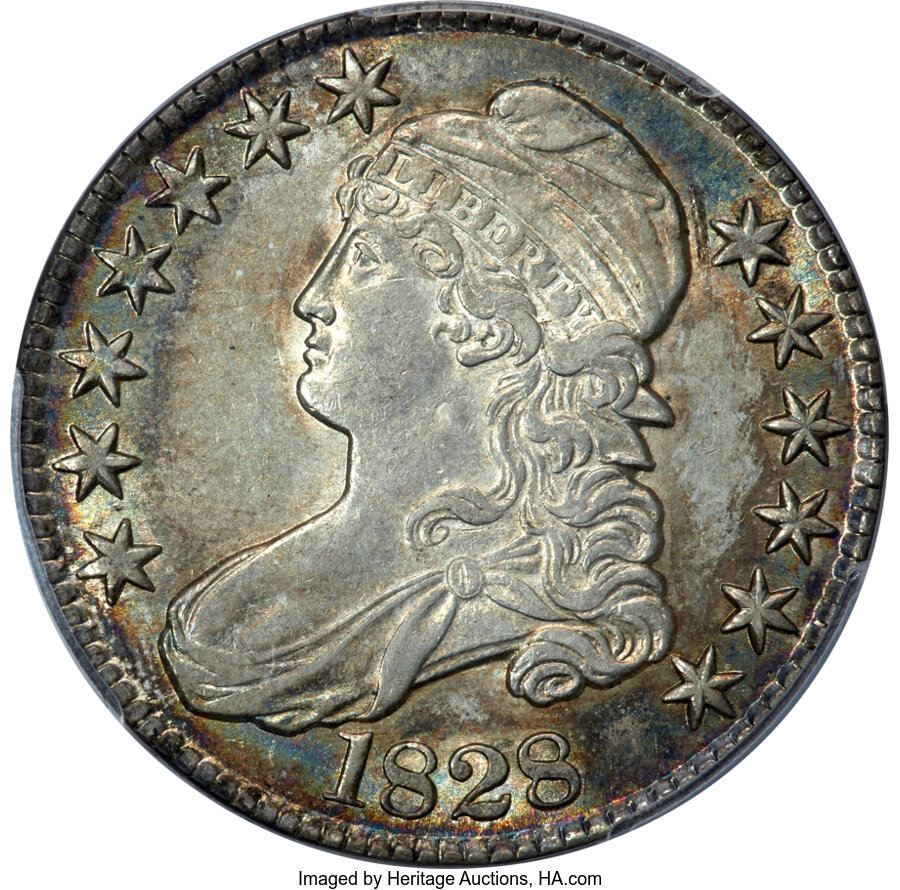 image for: 1828 50C Curl Base 2, Knob, O-107, R.1, AU58 PCGS....