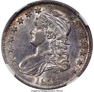 image for: 1834 50C Large Date, Small Letters, O-104, R.2, AU55 NGC....