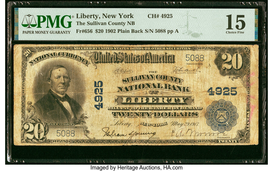 image for: Liberty, NY - $20 1902 Plain Back Fr. 656 The Sullivan County National Bank Ch. # 4925 PMG Choice Fine 15....