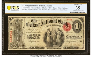 image for: Belfast, ME - $1 Original Fr. 380a The Belfast National Bank Ch. # 840 PCGS Banknote Choice VF 35....