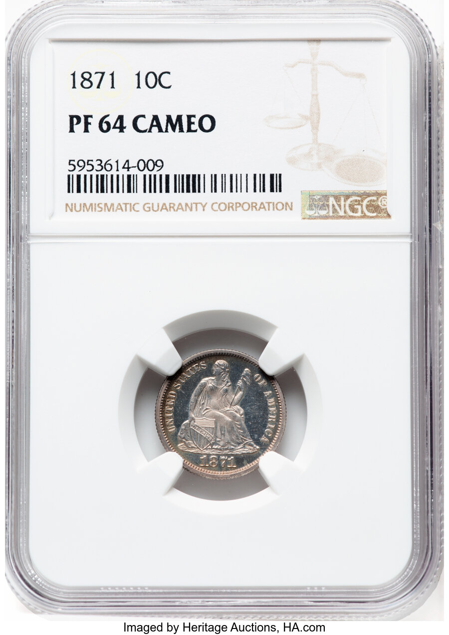 image for: 1871 10C PR64 Cameo NGC. NGC Census: (7/15).  Mintage 960. ...