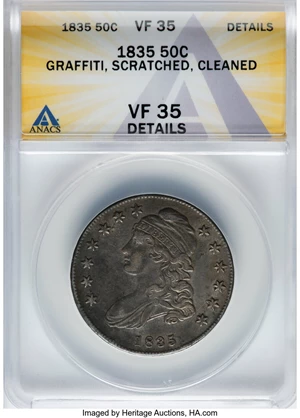 image for: 1835 50C O-101, R.1 -- Graffiti, Scratched, Cleaned -- ANACS Details. VF35. Mintage 5,352,006....