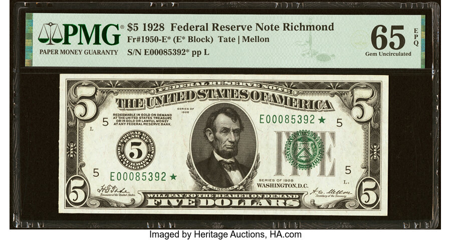image for: Fr. 1950-E* $5 1928 Federal Reserve Star Note. PMG Gem Uncirculated 65 EPQ....