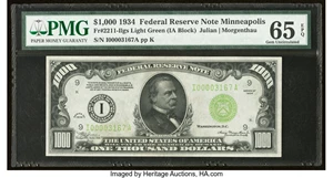 image for: Fr. 2211-I $1,000 1934 Light Green Seal Federal Reserve Note. PMG Gem Uncirculated 65 EPQ....