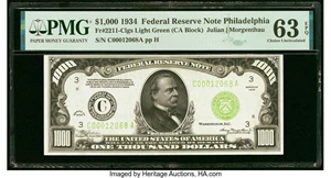 image for: Fr. 2211-C $1,000 1934 Light Green Seal Federal Reserve Note. PMG Choice Uncirculated 63 EPQ....
