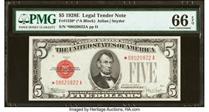 image for: Fr. 1530* $5 1928E Legal Tender Star Note. PMG Gem Uncirculated 66 EPQ....