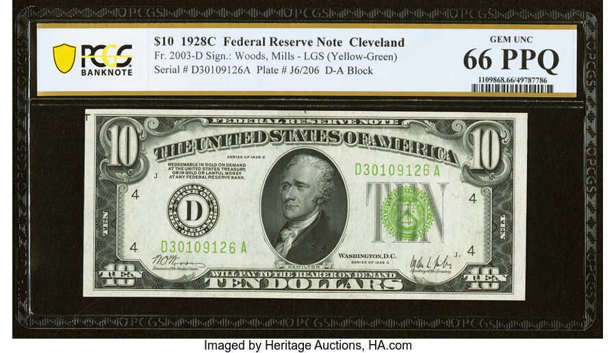 image for: Fr. 2003-D $10 1928C Light Green Seal Federal Reserve Note. PCGS Banknote Gem Unc 66 PPQ....