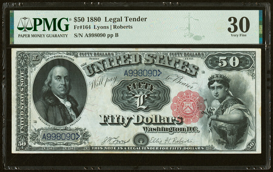 image for: Fr. 164 $50 1880 Legal Tender PMG Very Fine 30....