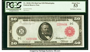 image for: Fr. 1014b $50 1914 Red Seal Federal Reserve Note PCGS About New 53....