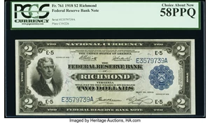 image for: Fr. 761 $2 1918 Federal Reserve Bank Note PCGS Choice About New 58PPQ....