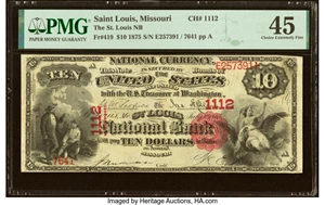 image for: Saint Louis, MO - $10 1875 Fr. 419 The St. Louis National Bank Ch. # 1112 PMG Choice Extremely Fine 45....