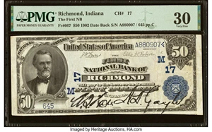 image for: Richmond, IN - $50 1902 Date Back Fr. 667 The First National Bank Ch. # (M)17 PMG Very Fine 30....