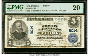 image for: Flora, IN - $5 1902 Plain Back Fr. 599 The Bright National Bank Ch. # 8014 PMG Very Fine 20....