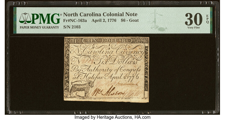 image for: North Carolina April 2, 1776 $6 Goat Fr. NC-163a PMG Very Fine 30 EPQ....