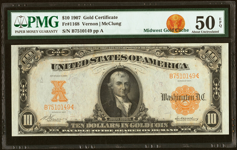 image for: Fr. 1168 $10 1907 Gold Certificate PMG About Uncirculated 50 EPQ....