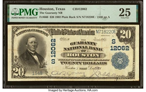 image for: Houston, TX - $20 1902 Plain Back Fr. 660 The Guaranty National Bank Ch. # (S)12062 PMG Very Fine 25....
