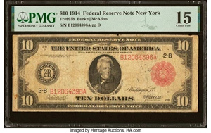 image for: Fr. 893b $10 1914 Red Seal Federal Reserve Note PMG Choice Fine 15....