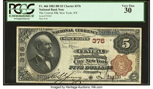 image for: New York, NY - $5 1882 Brown Back Fr. 466 The Central National Bank Ch. # 376 PCGS Very Fine 30....