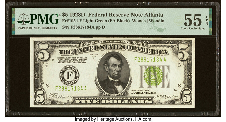 image for: Fr. 1954-F $5 1928D Light Green Seal Federal Reserve Note. PMG About Uncirculated 55 EPQ....