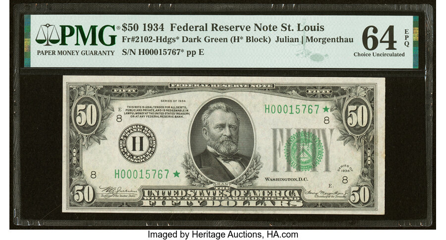 image for: Fr. 2102-H* $50 1934 Federal Reserve Star Note. PMG Choice Uncirculated 64 EPQ....