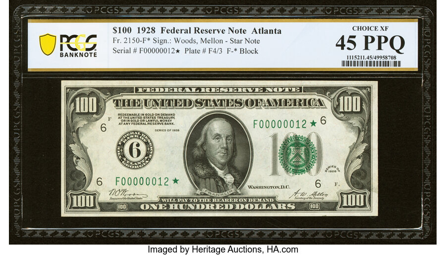 image for: Fr. 2150-F* $100 1928 Federal Reserve Star Note. PCGS Banknote Choice XF 45 PPQ....