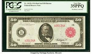 image for: Fr. 1012b $50 1914 Red Seal Federal Reserve Note PCGS Very Fine 35PPQ....