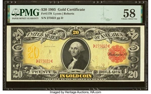 image for: Fr. 1179 $20 1905 Gold Certificate PMG Choice About Unc 58....