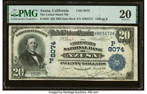 image for: Azusa, CA - $20 1902 Date Back Fr. 643 The United States National Bank Ch. # (P)8074 PMG Very Fine 20....
