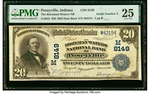 image for: Poseyville, IN - $20 1902 Date Back Fr. 643 The Bozeman Waters National Bank Ch. # (M)8149 PMG Very Fine 25....