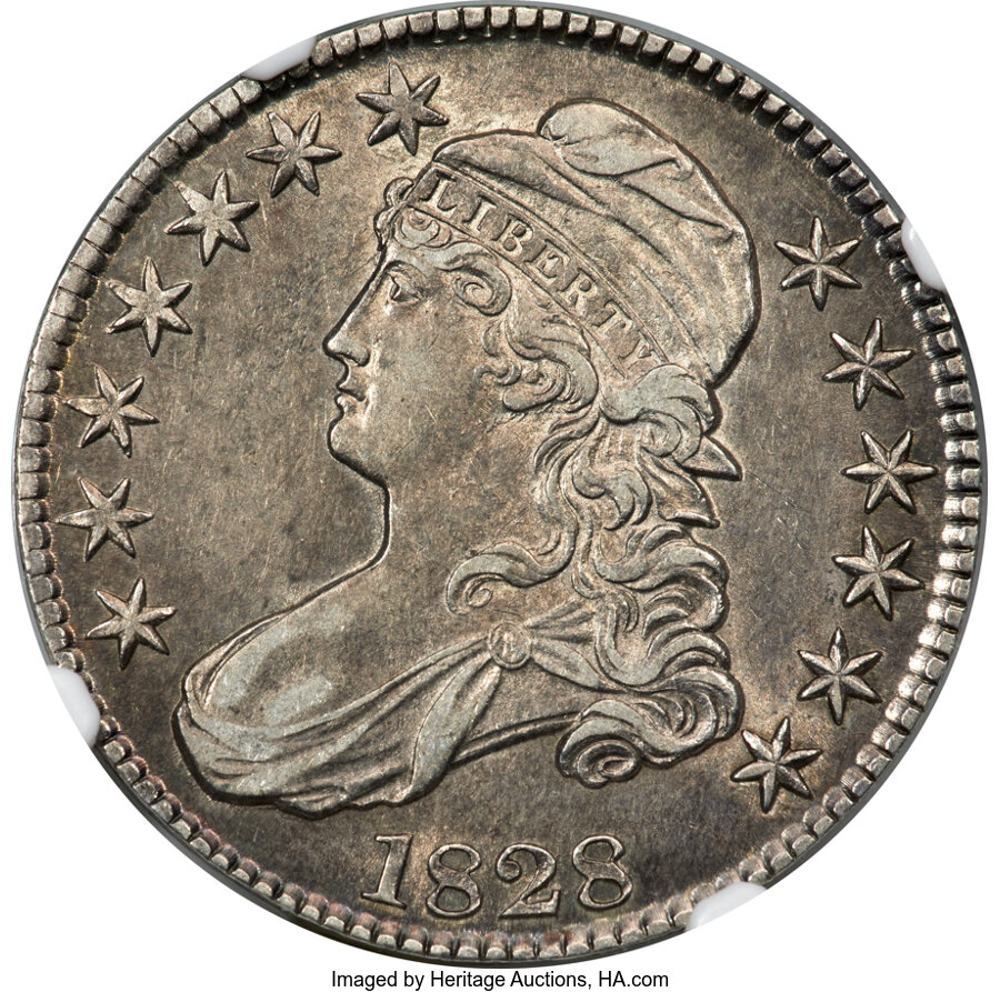 image for: 1828 50C Square Base 2, Small 8s, Small Letters, O-119, R.3, AU50 NGC. CAC....