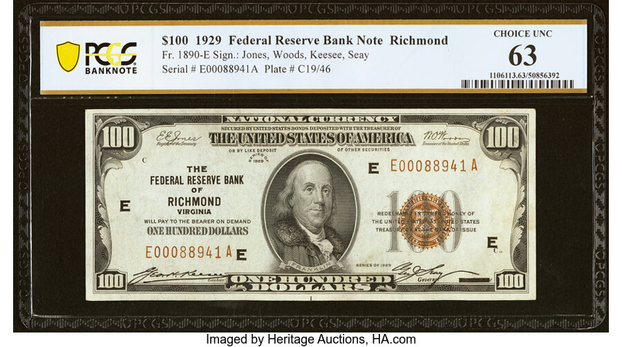 image for: Fr. 1890-E $100 1929 Federal Reserve Bank Note. PCGS Banknote Choice Unc 63....