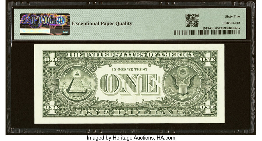 image for: Fancy Radar Serial Number 44999944 Fr. 1919-G $1 1993 Mule Federal Reserve Note. PMG Gem Uncirculated 65 EPQ....
