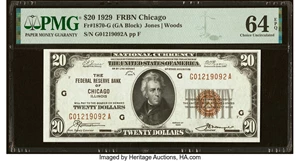 image for: Fr. 1870-G $20 1929 Federal Reserve Bank Note. PMG Choice Uncirculated 64 EPQ....