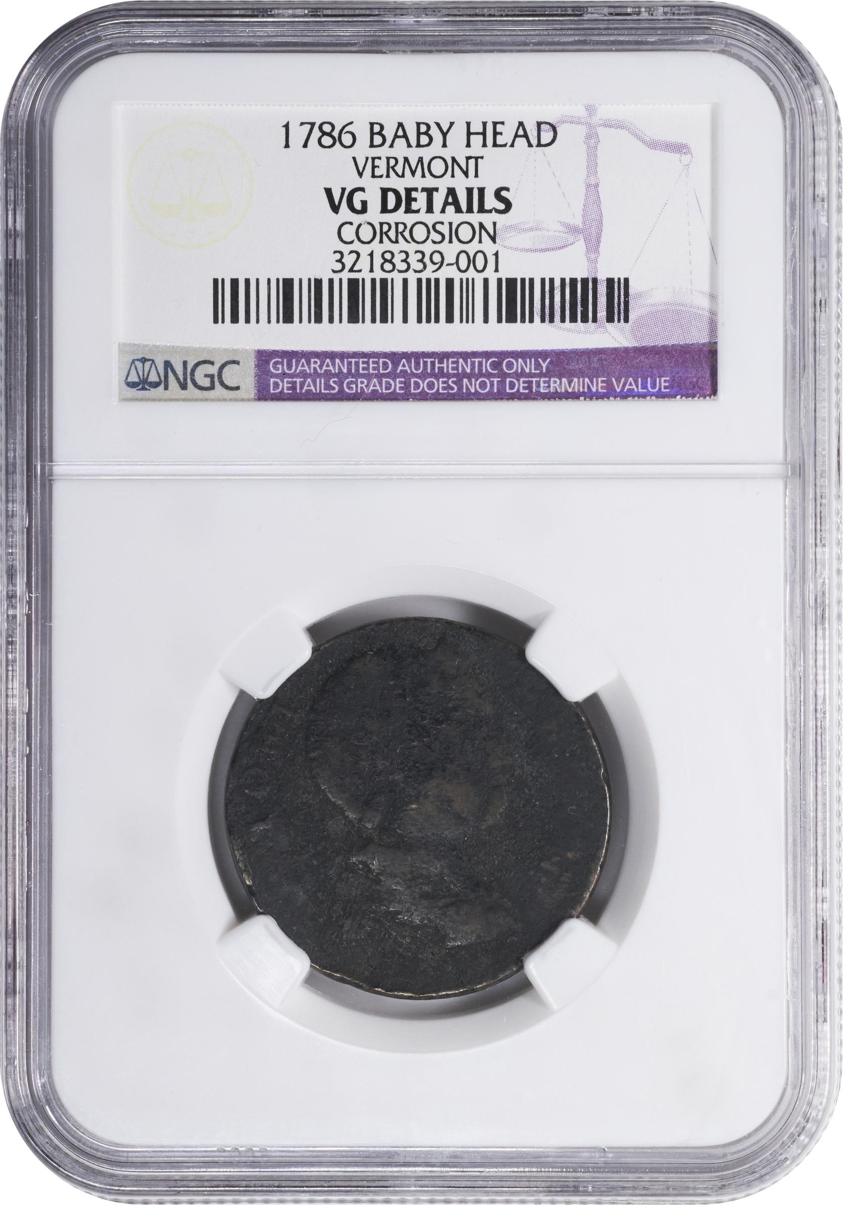 image for: 1786 Vermont Copper. RR-9, Bressett 7-F, W-2040. Rarity-3. Baby Head. VG Details--Corrosion (NGC).