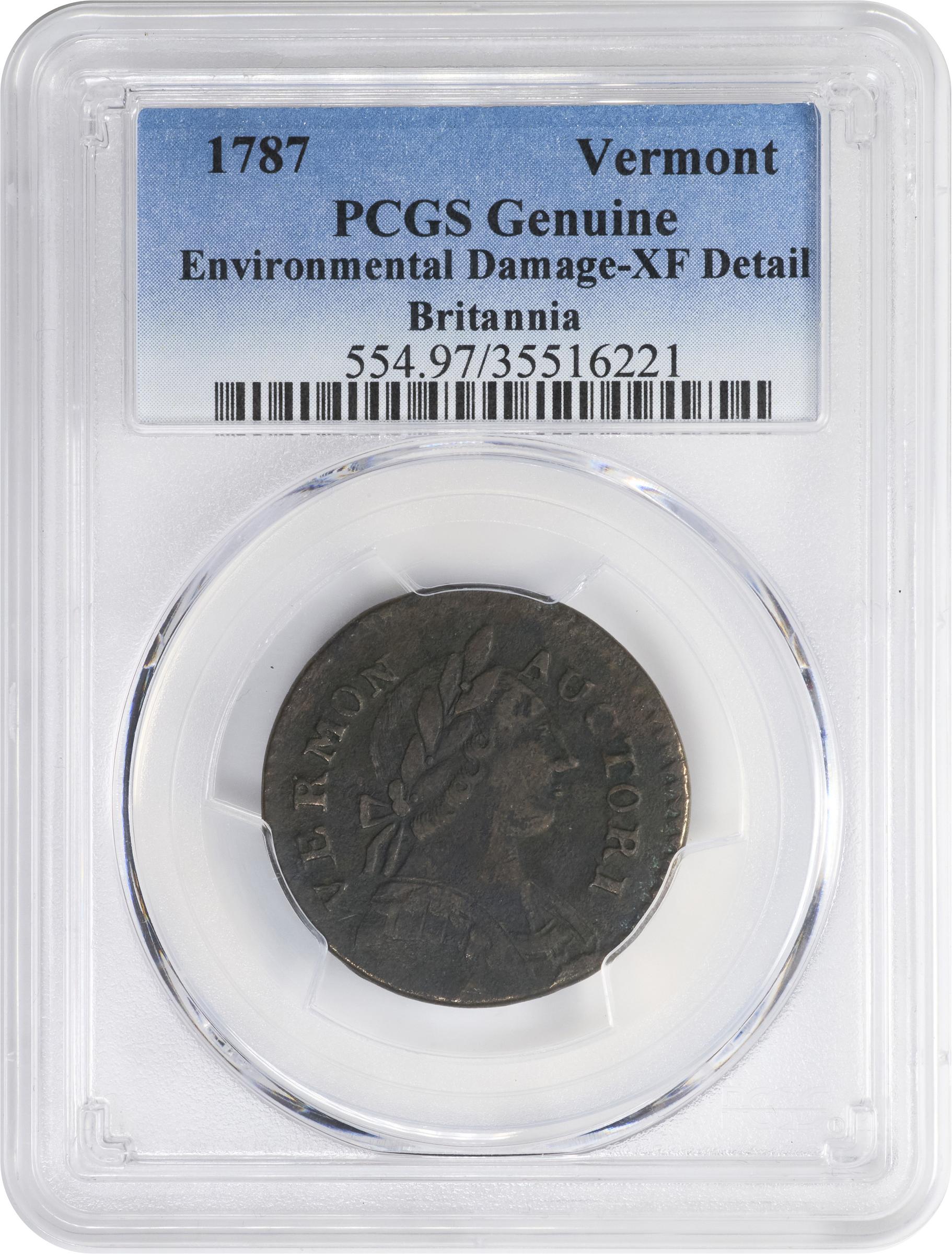 image for: 1787 Vermont Copper. RR-13, Bressett 17-V, W-2255. Rarity-1. BRITANNIA. EF Details--Environmental Damage (PCGS).